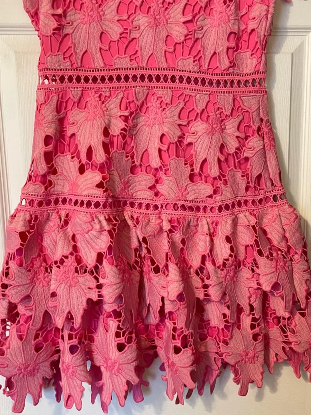 Eyelet Lace Short-Sleeve Mini Dress in Pink - Picture 3 of 5